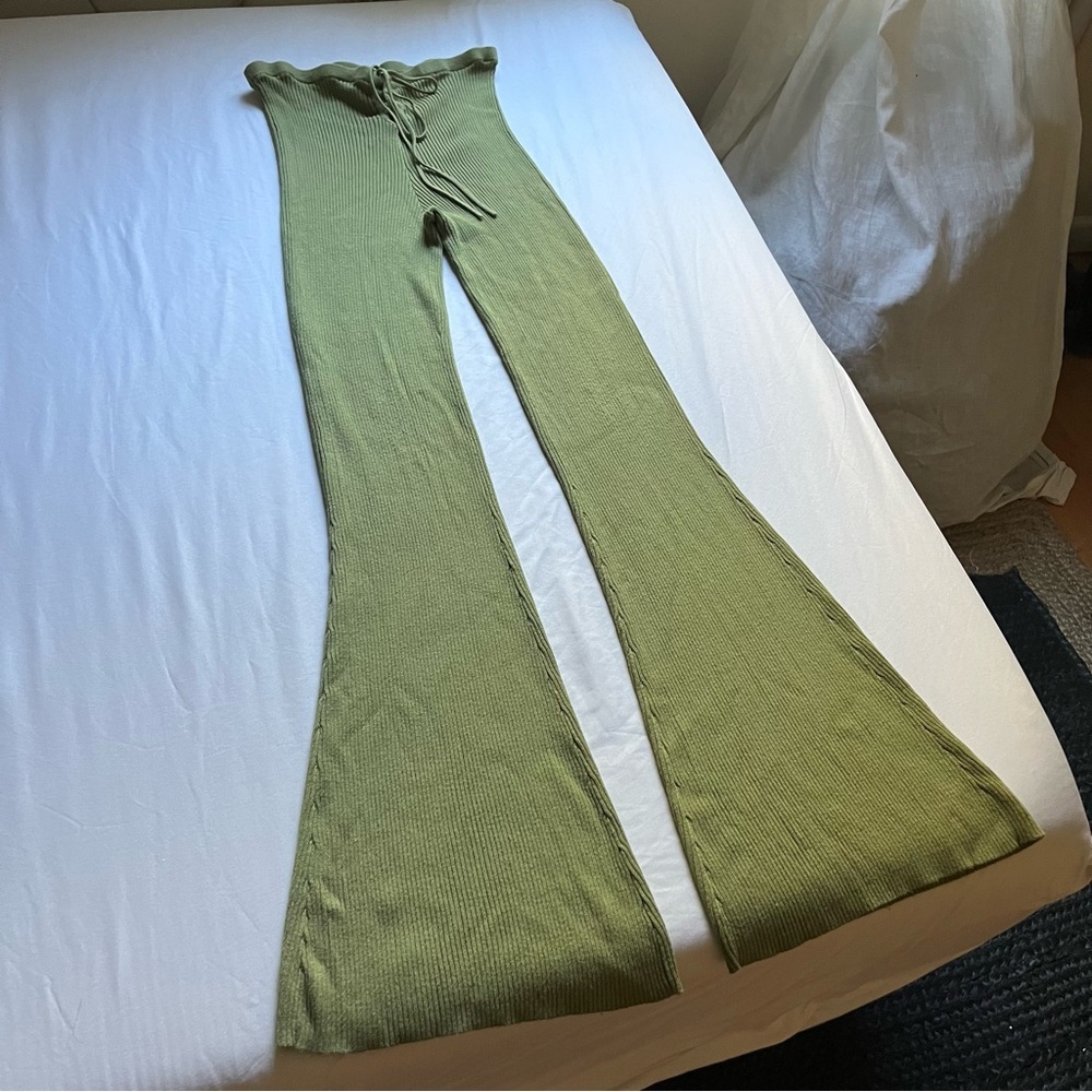 CAMILA COELHO green rib knit wide flare leg pants